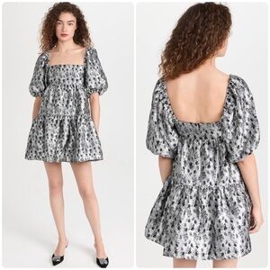 New! Amanda Uprichard Maisie Silver & Black Brocade Mini Puff Dress 🩶 Small